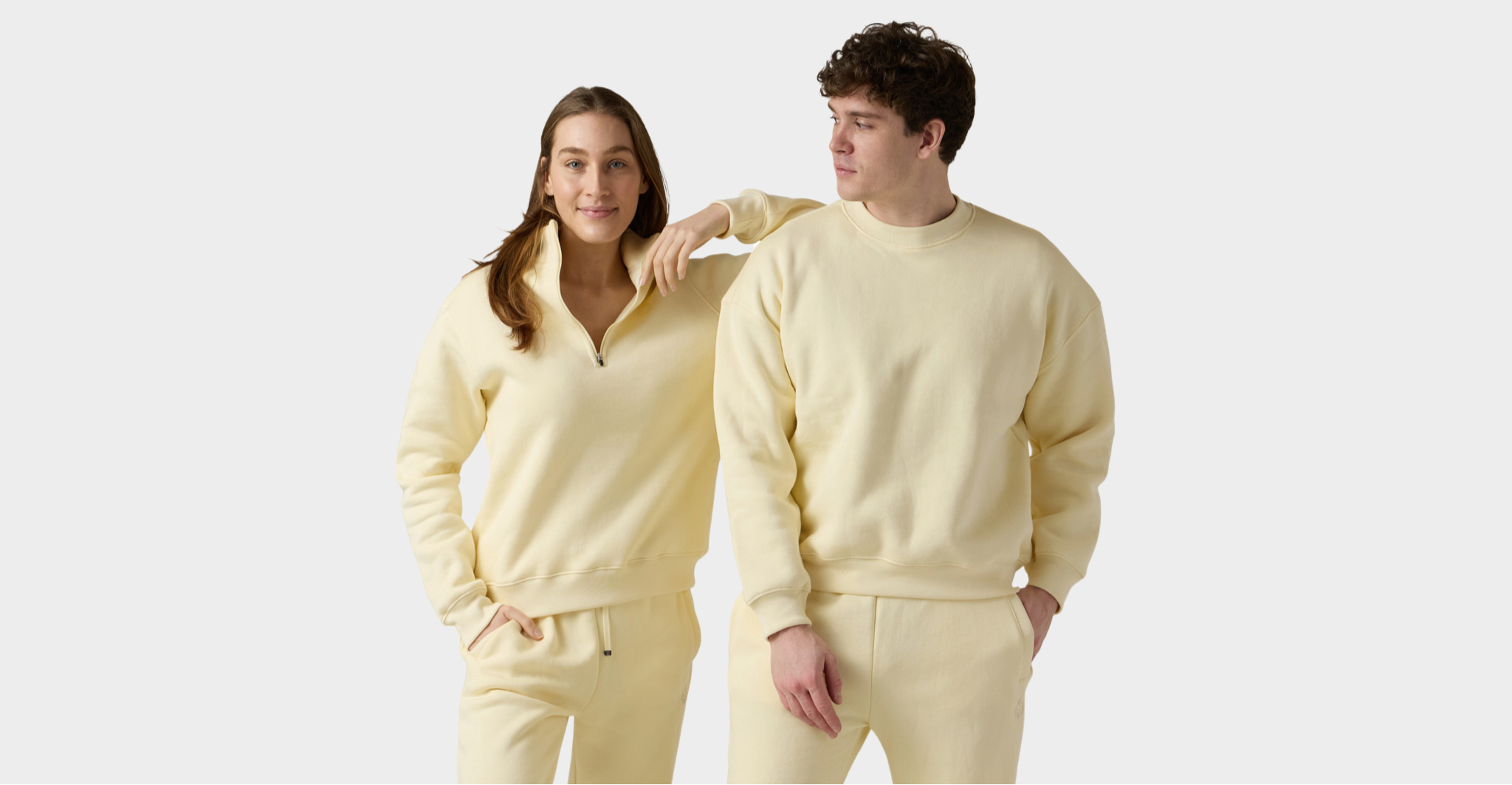 Model couple wears beige fleece set