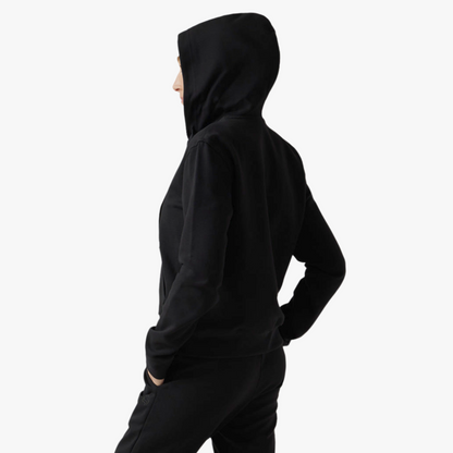Female model wears hooded black set
