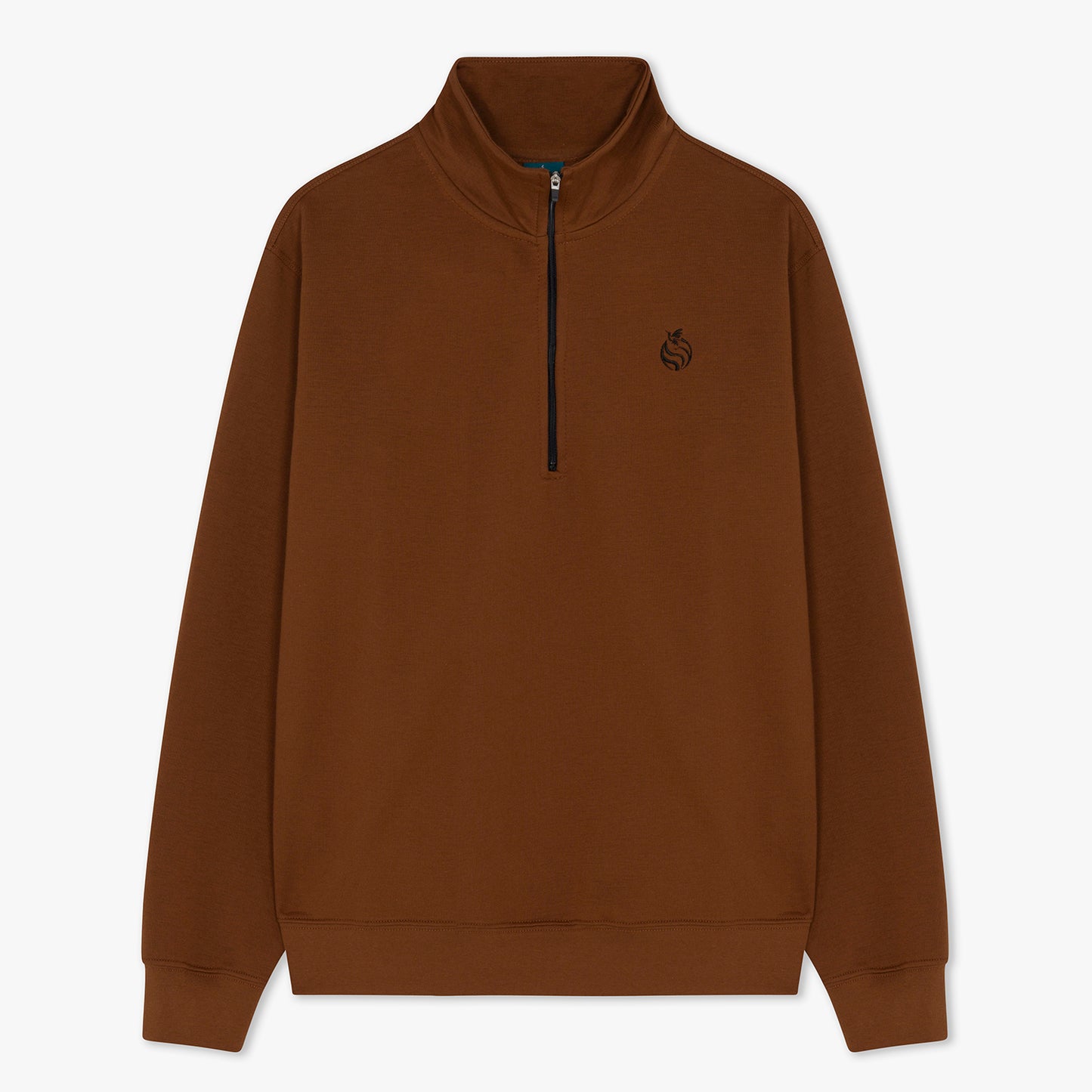 Front of brown half zip with black zippers