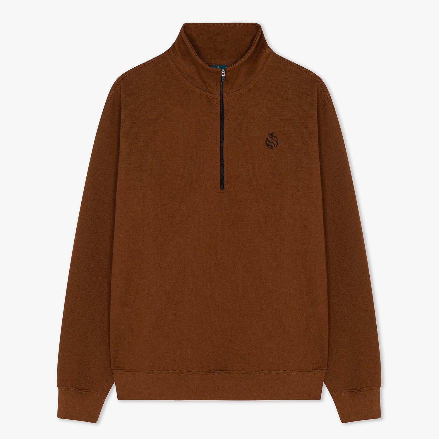 Front of brown half zip with black zippers