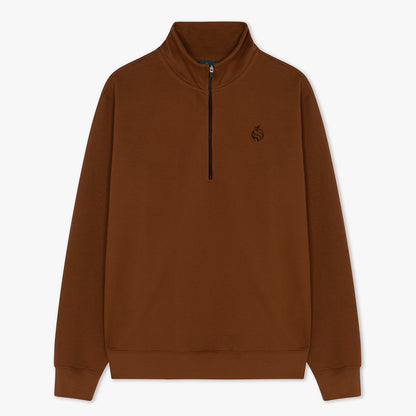 Front of brown half zip with black zippers