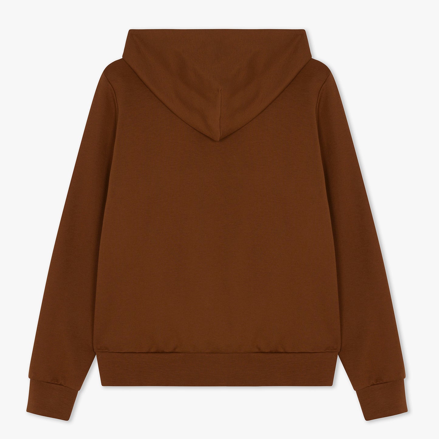 Back of brown funnel neck hoodie