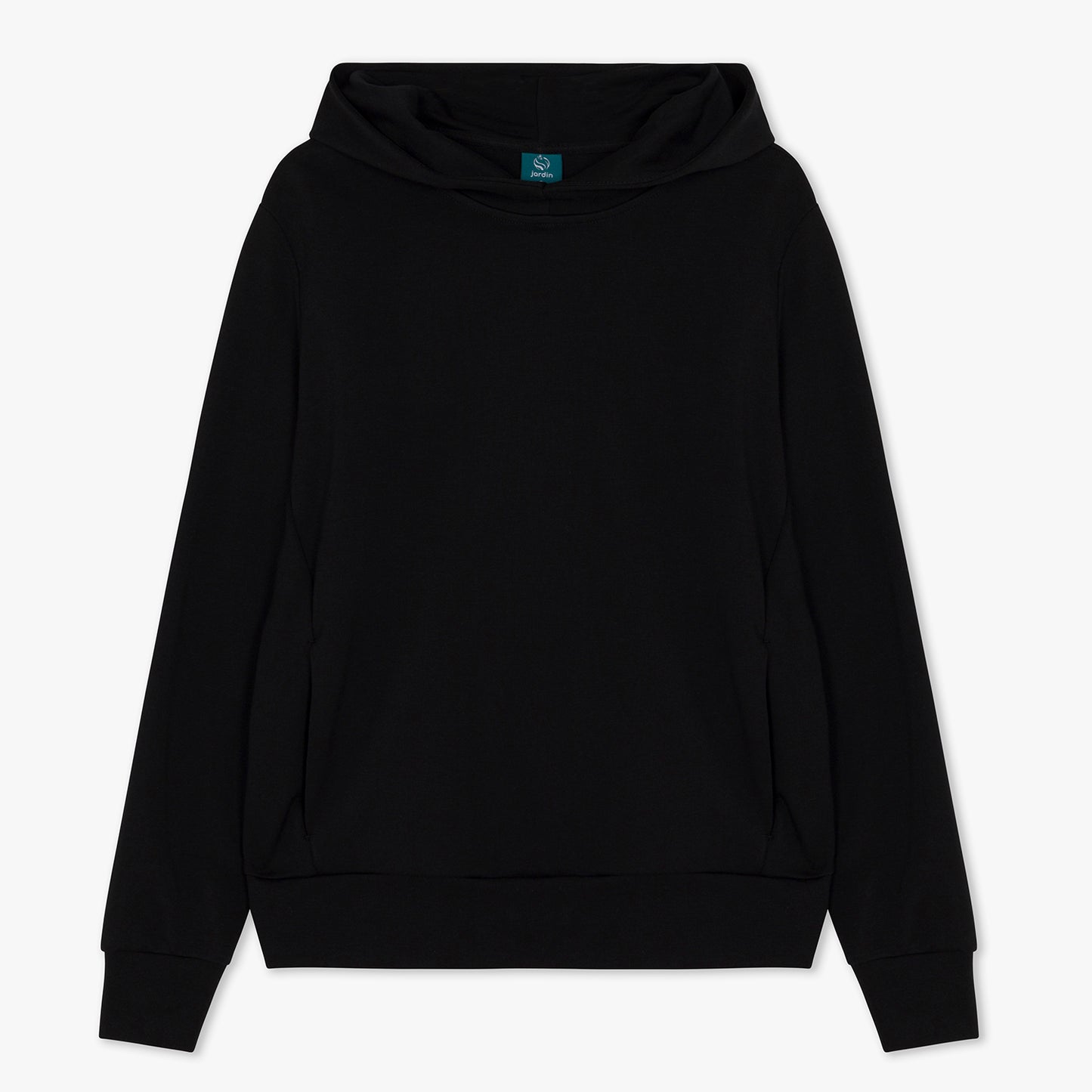 Front of black funnel neck hoodie