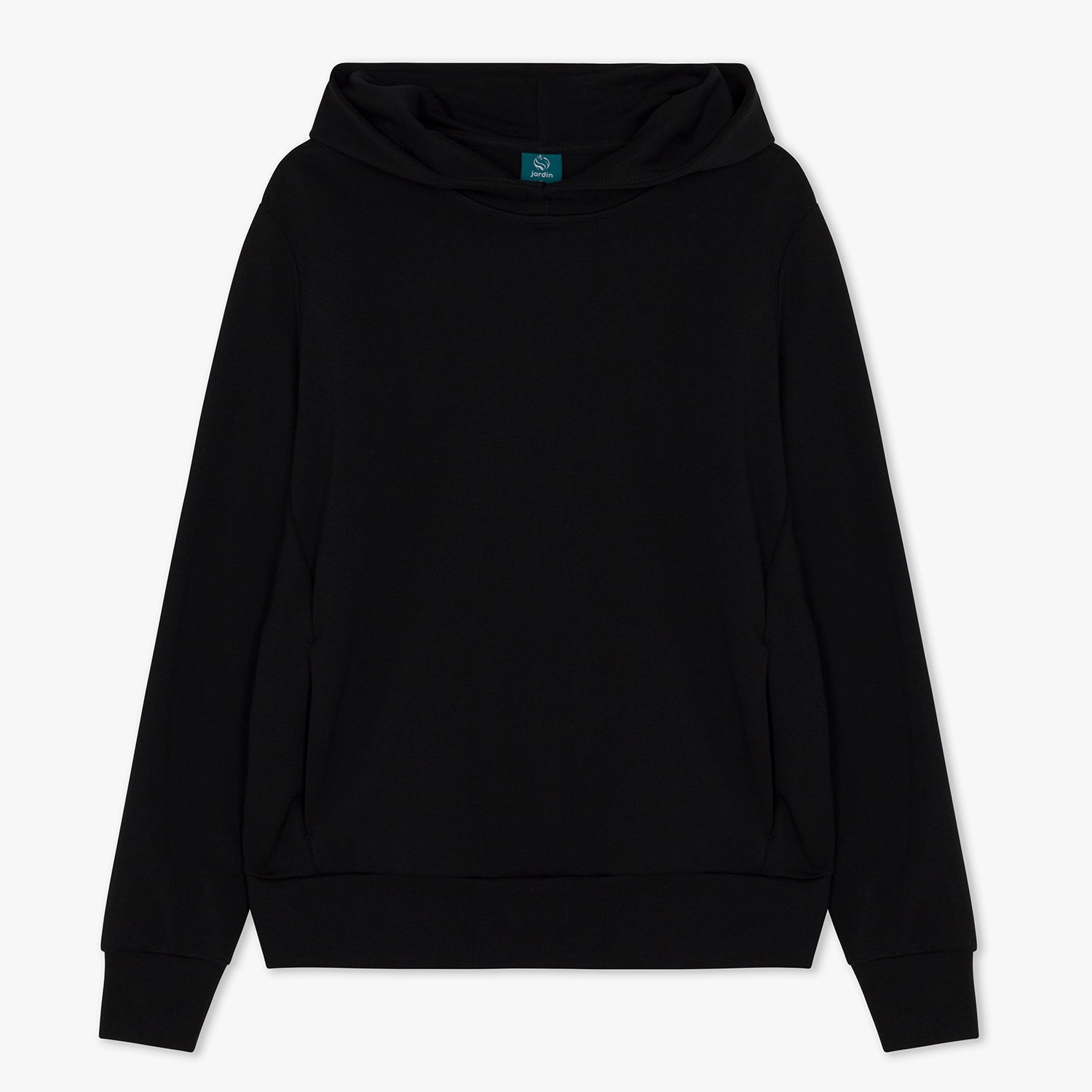 Front of black funnel neck hoodie