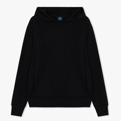 Front of black funnel neck hoodie