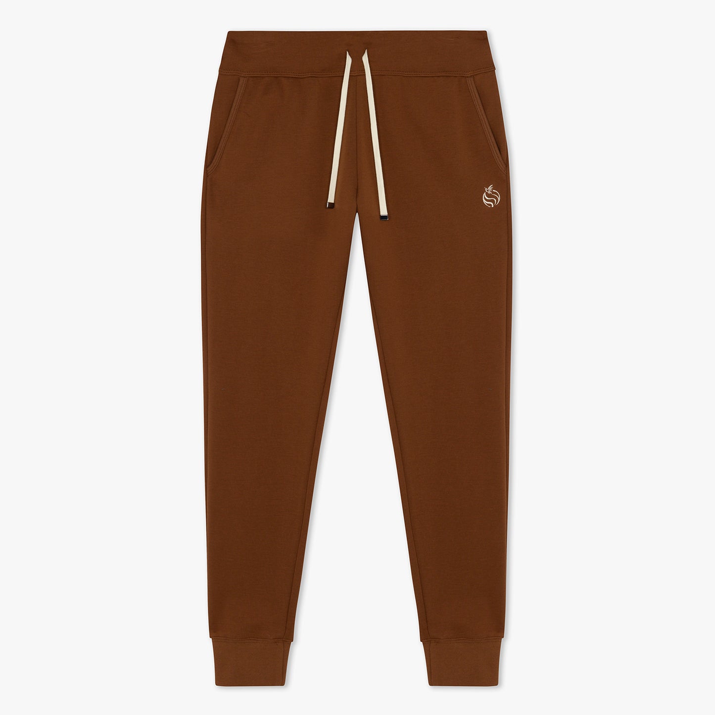 Front of brown joggers with beige drawstrings