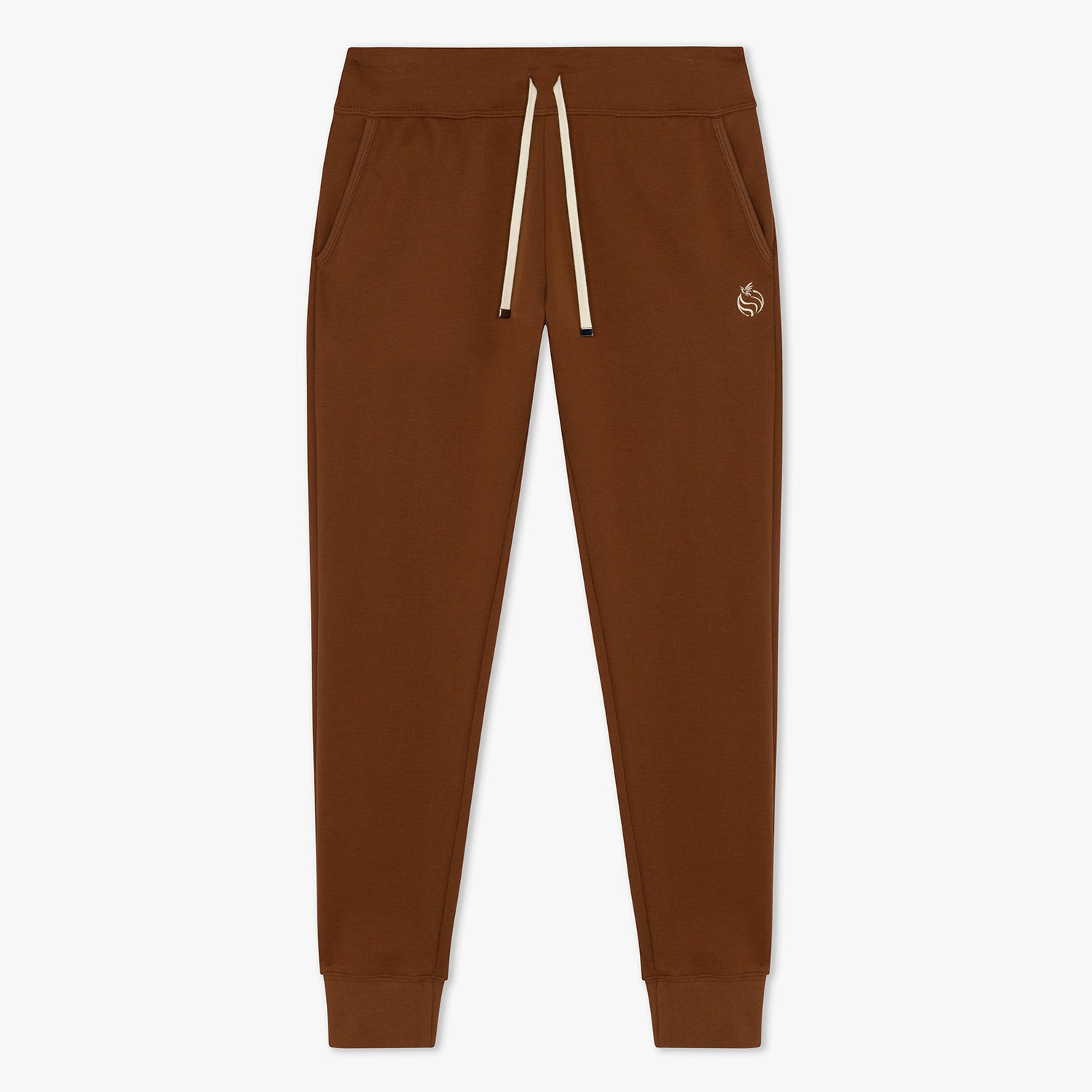Front of brown joggers with beige drawstrings