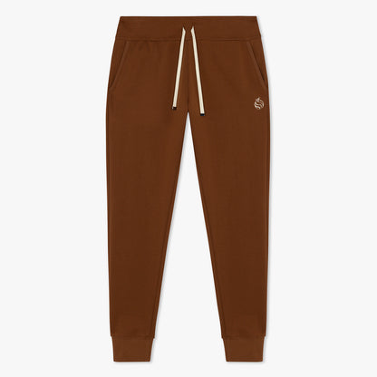 Front of brown joggers with beige drawstrings