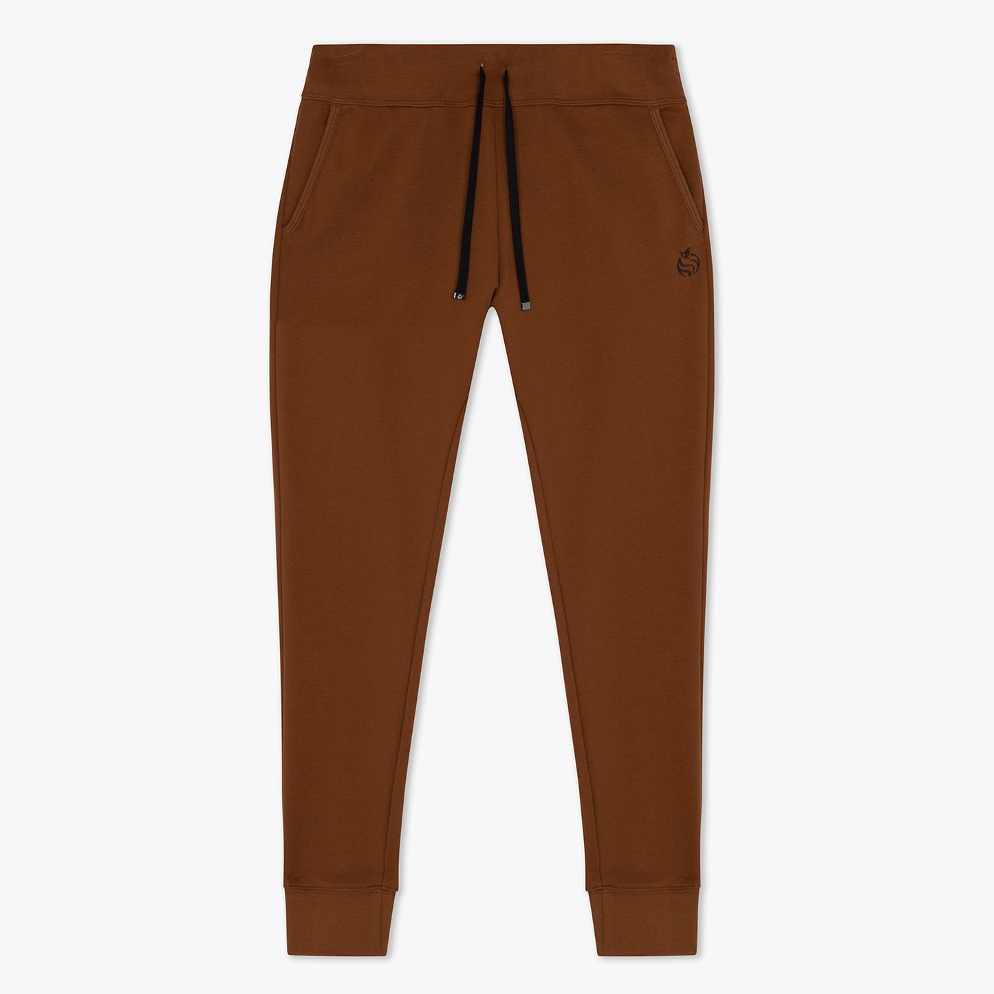 Front of brown joggers with black drawstrings