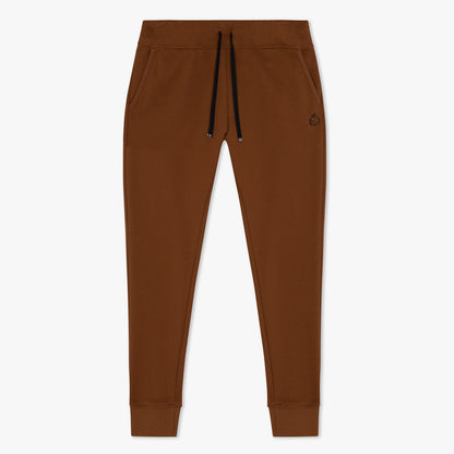 Front of brown joggers with black drawstrings