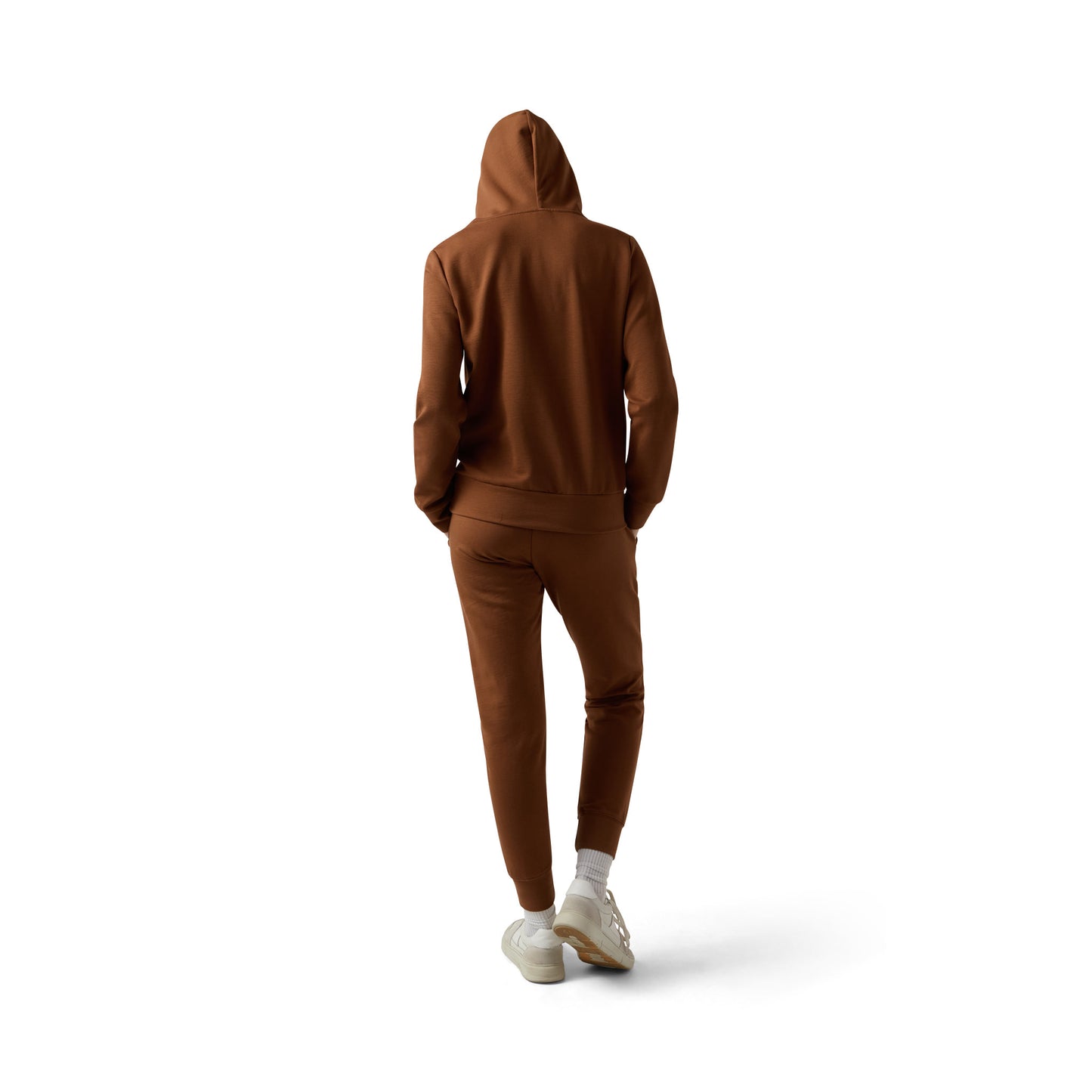Female model shows back of brown full zip set with joggers