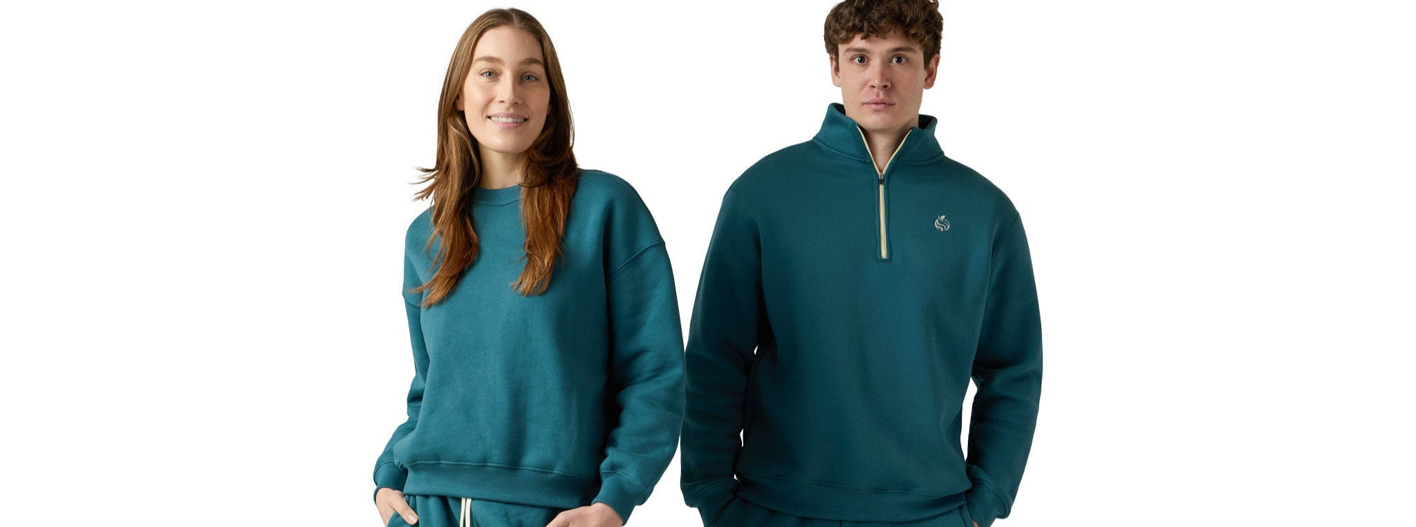 Couple photo with both wearing teal fleece set