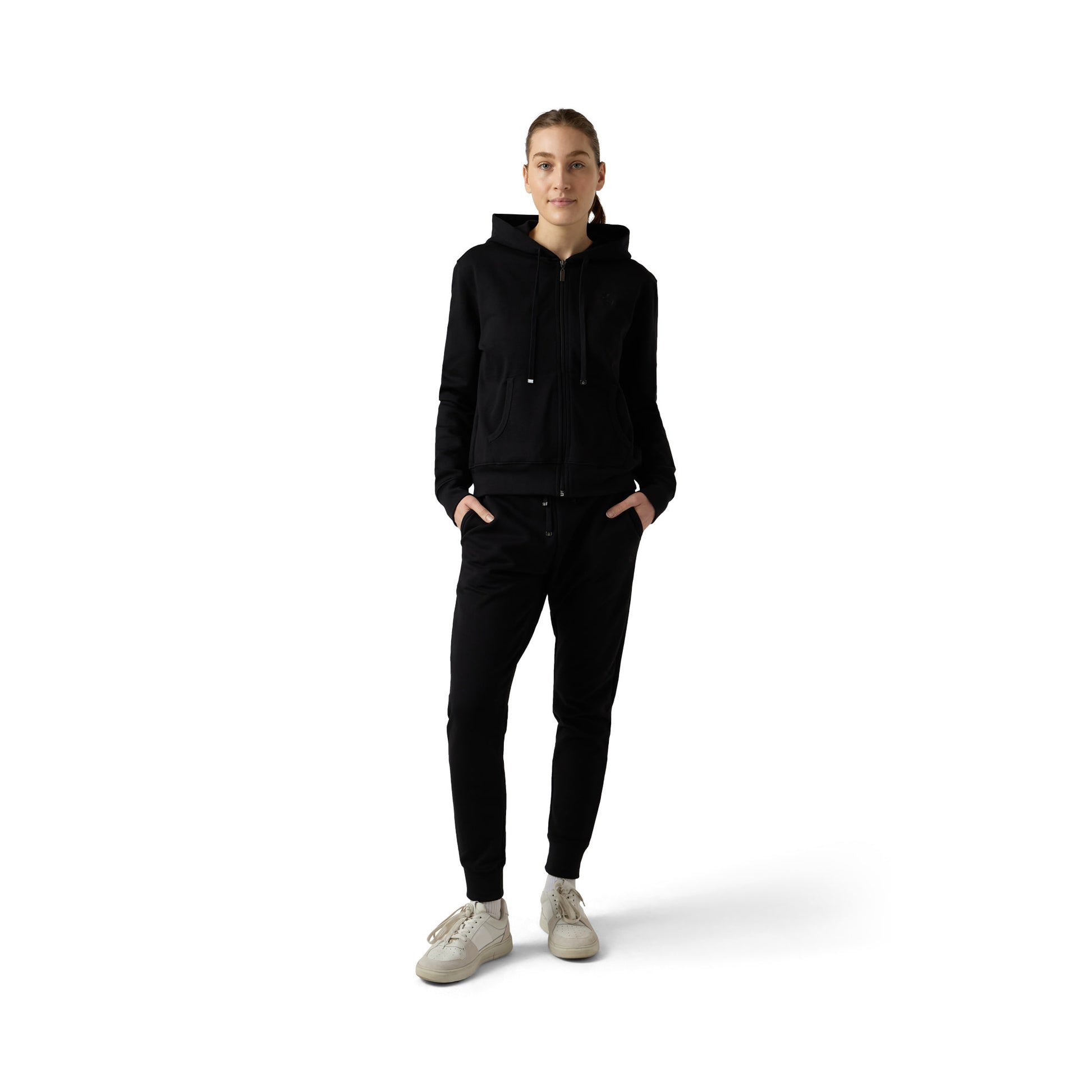 Female model wears black full zip set with joggers