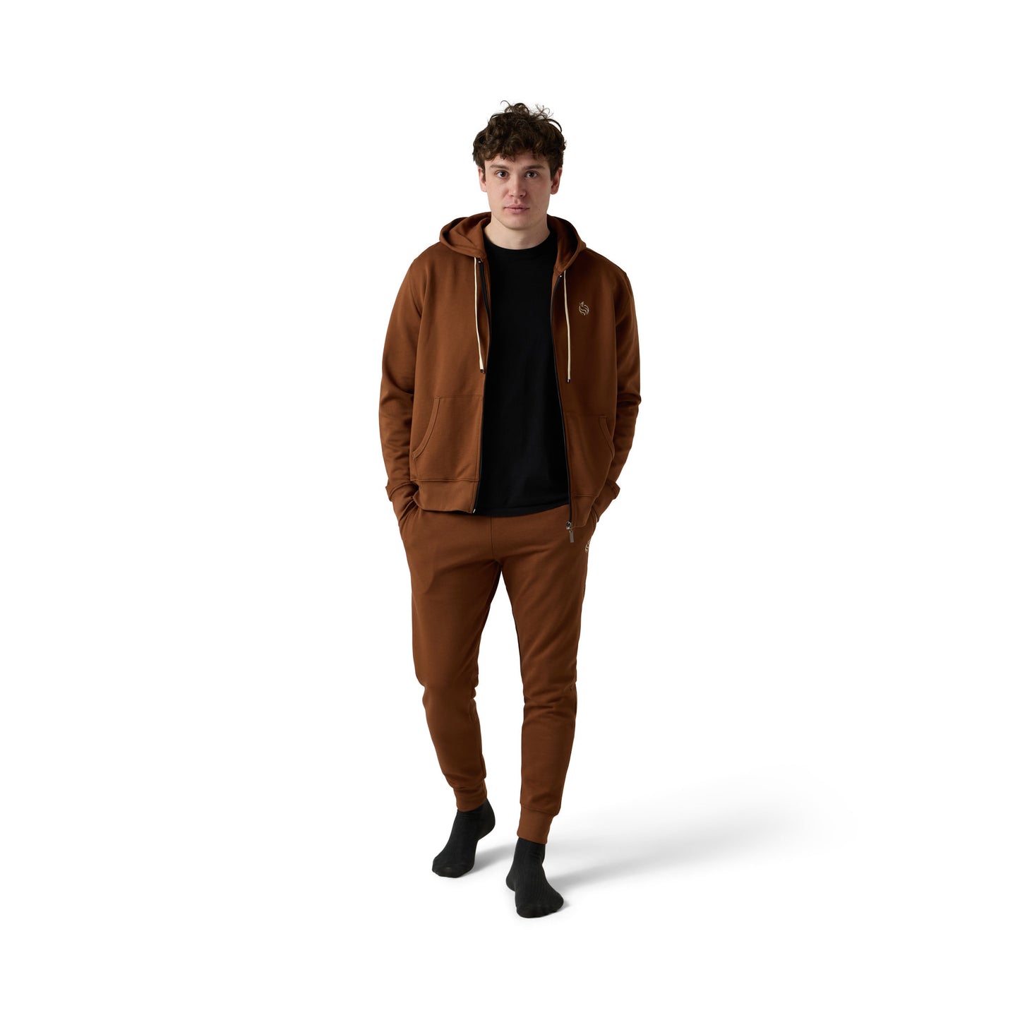 Male model wears brown full zip set with joggers