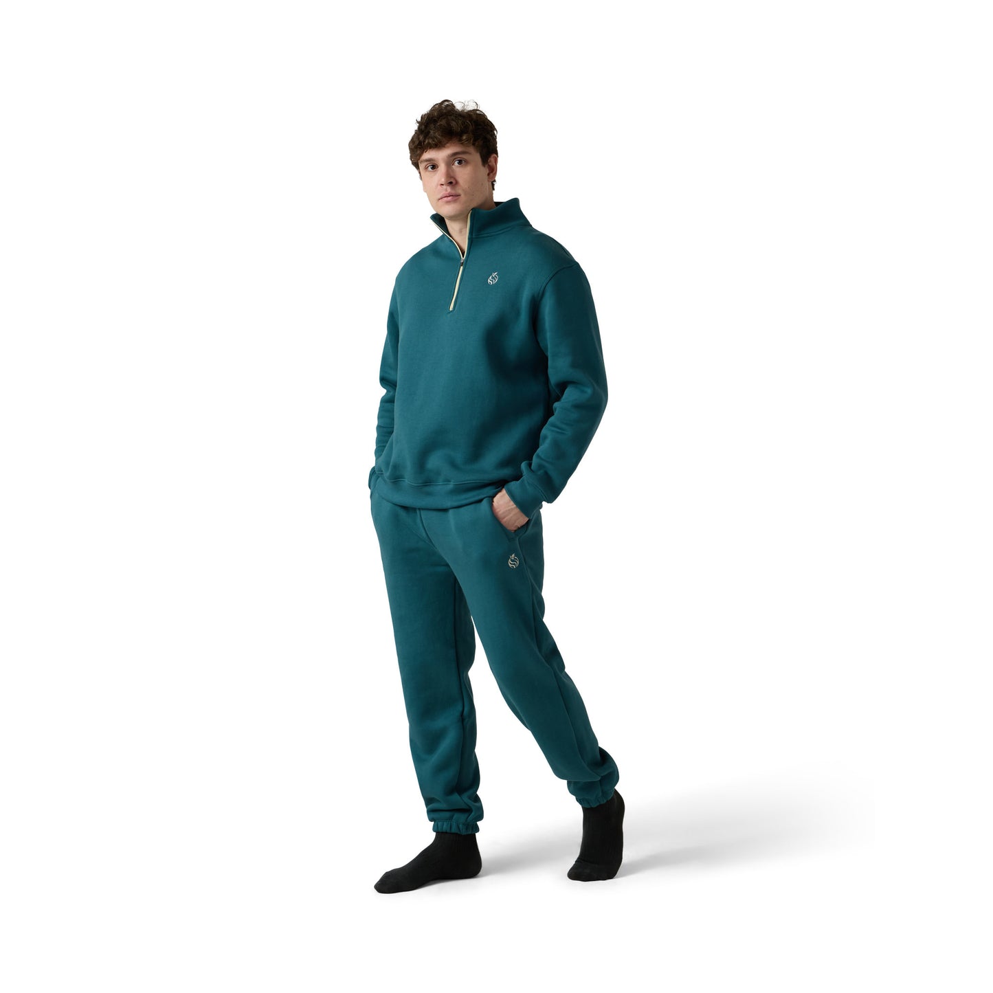 Male model wears teal fleece set