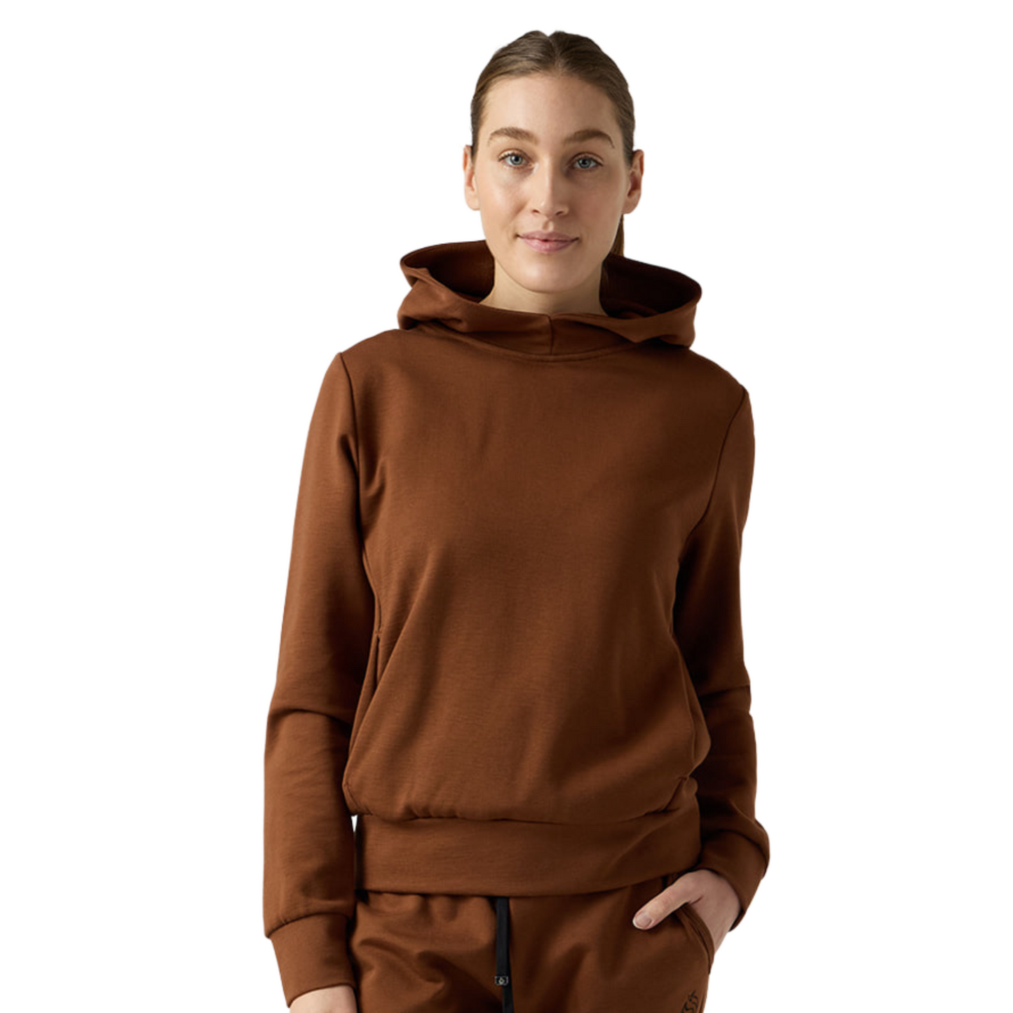 Female model wears brown funnel neck hoodie