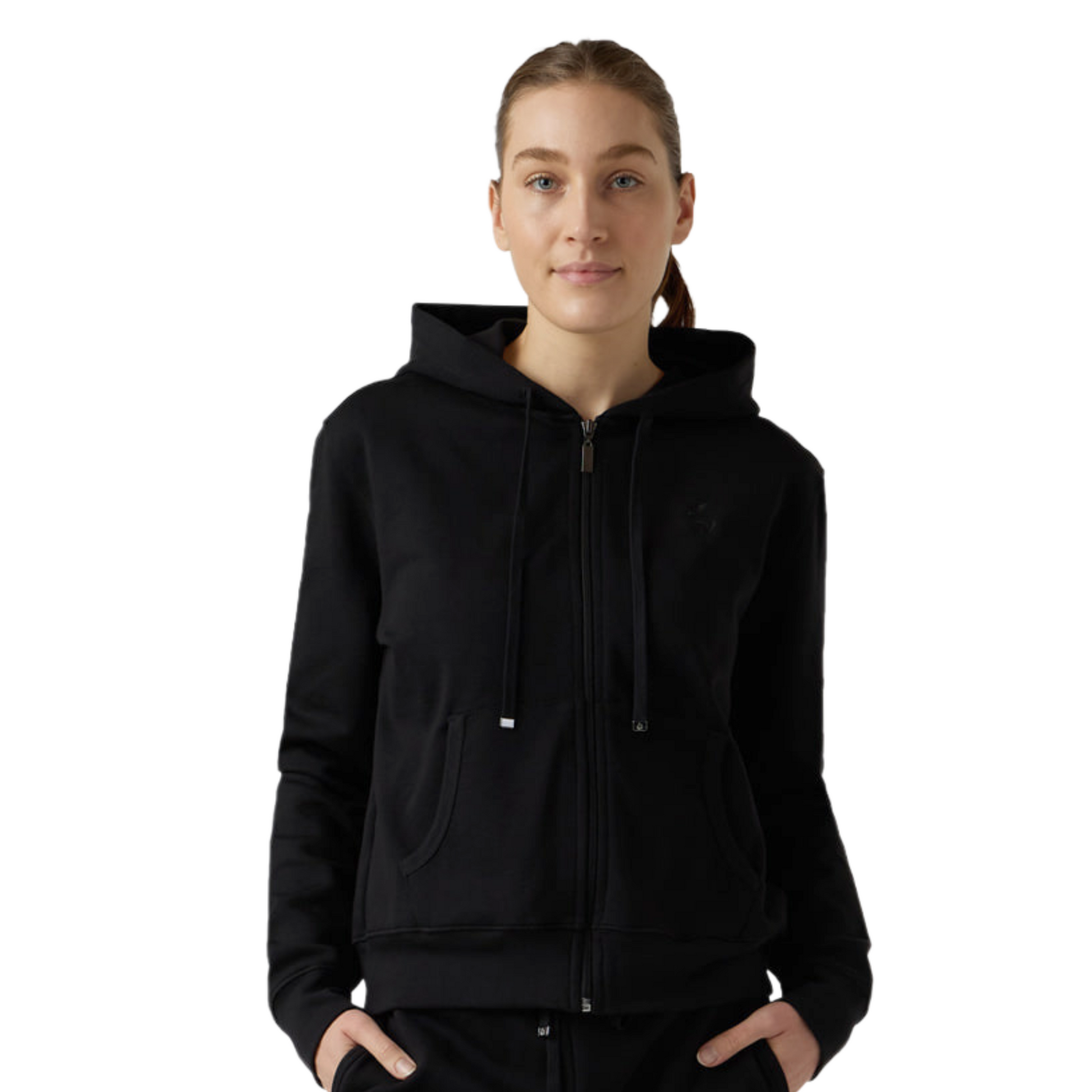 Female model wears black full zip hoodie