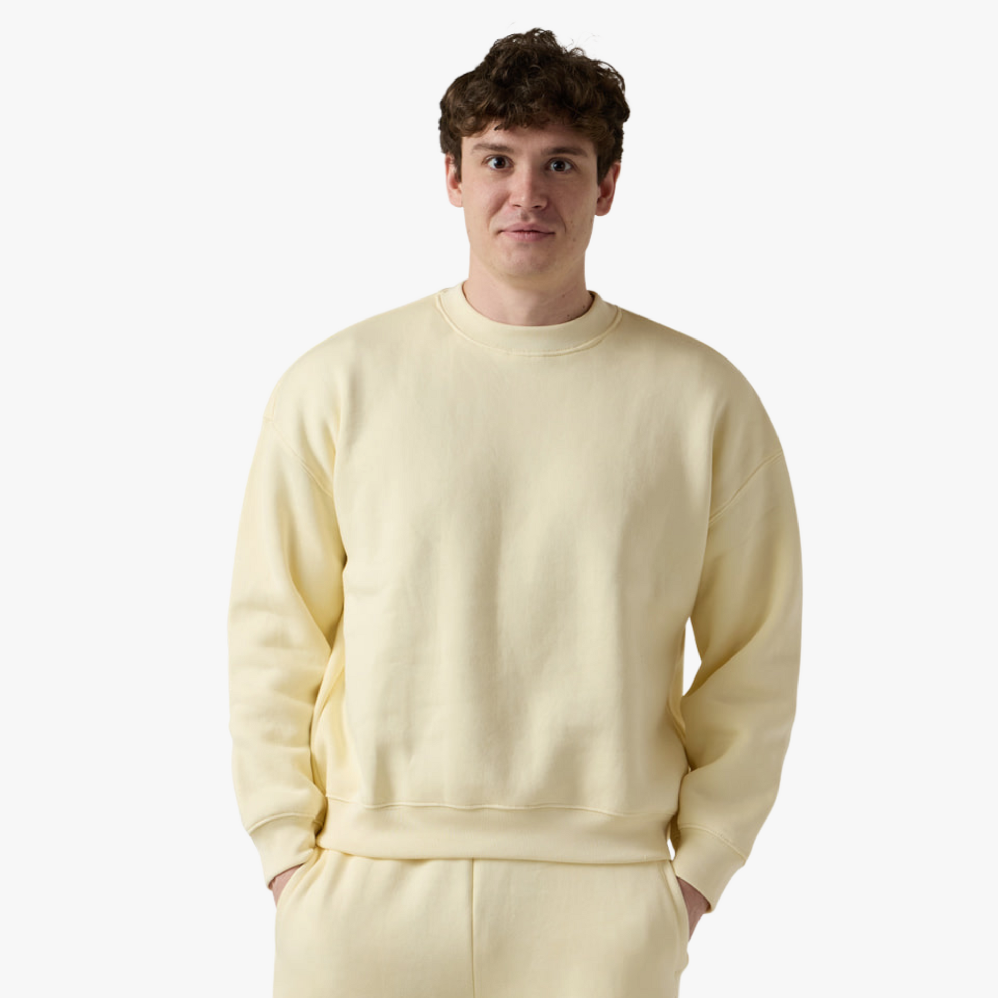 Male model wears beige crewneck