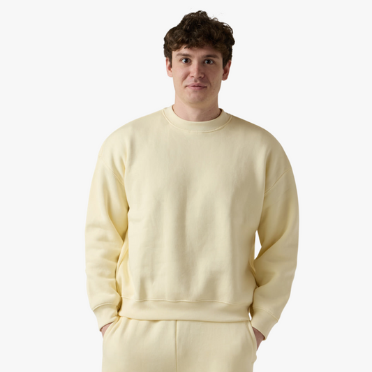 Male model wears beige crewneck