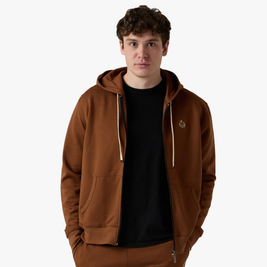 Male model wears brown full zip hoodie