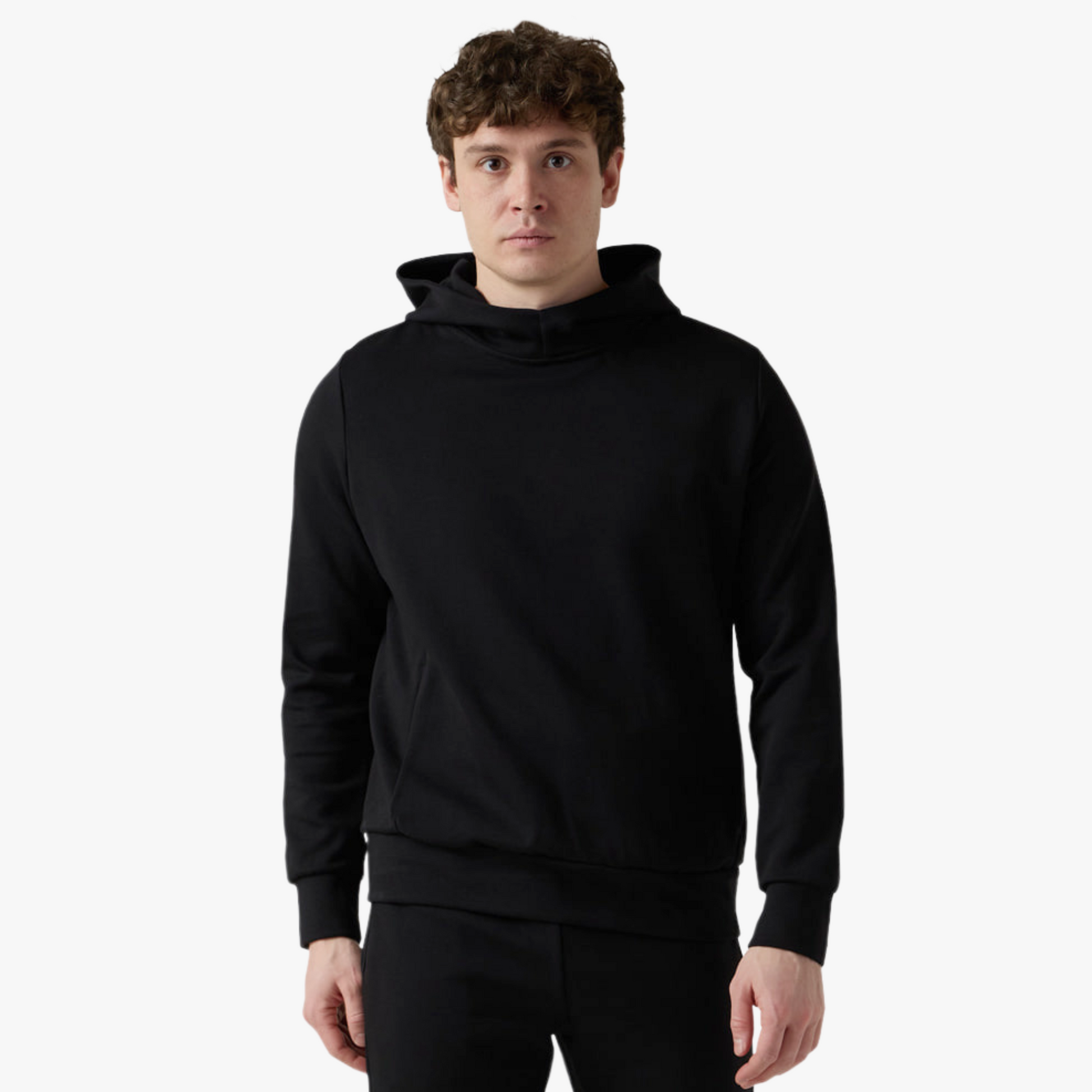 Male model wears funnel neck black hoodie